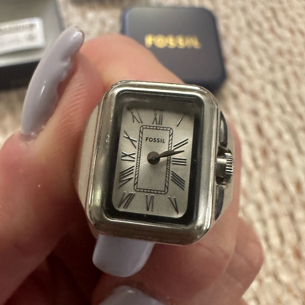 Fossil Silver Rectangular Dial Women's Ring Watch